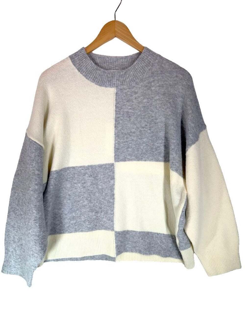 For The Republic Gray/Cream Checkerboard Colorblock Knit Pullover Sweater NWT